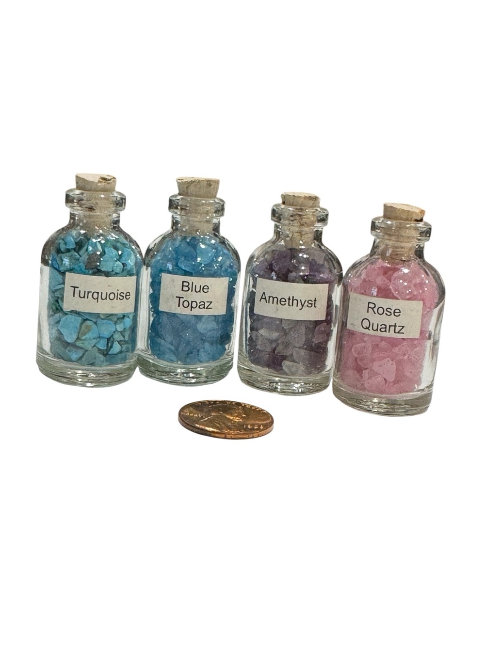 Set of 4 Mini Gemstone Bottles - Turquoise, Blue Topaz, Amethyst and Rose Quartz